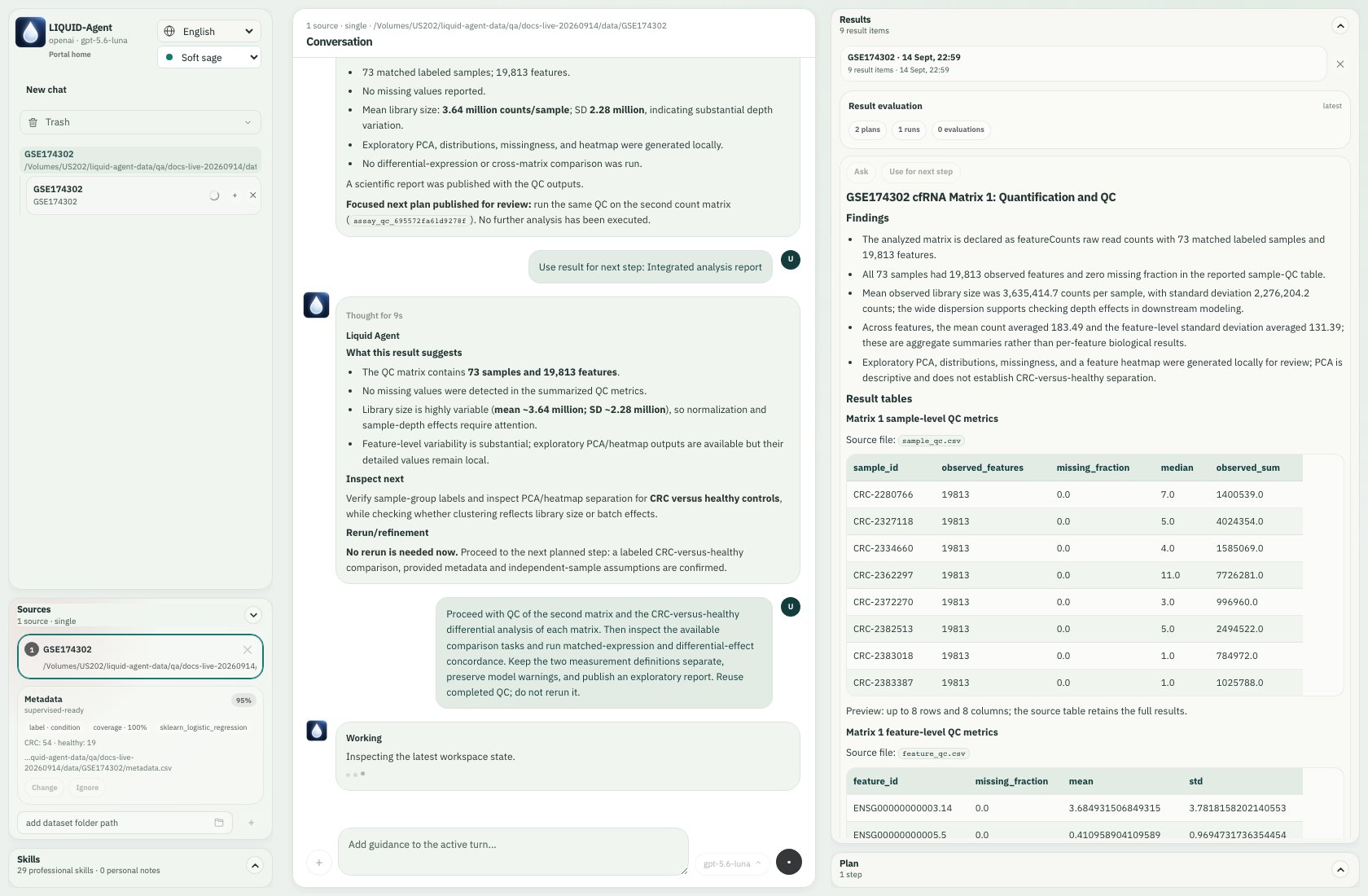 The live turn displays its current operation, a spinning task indicator and the highlighted source. These are execution updates, not private reasoning.