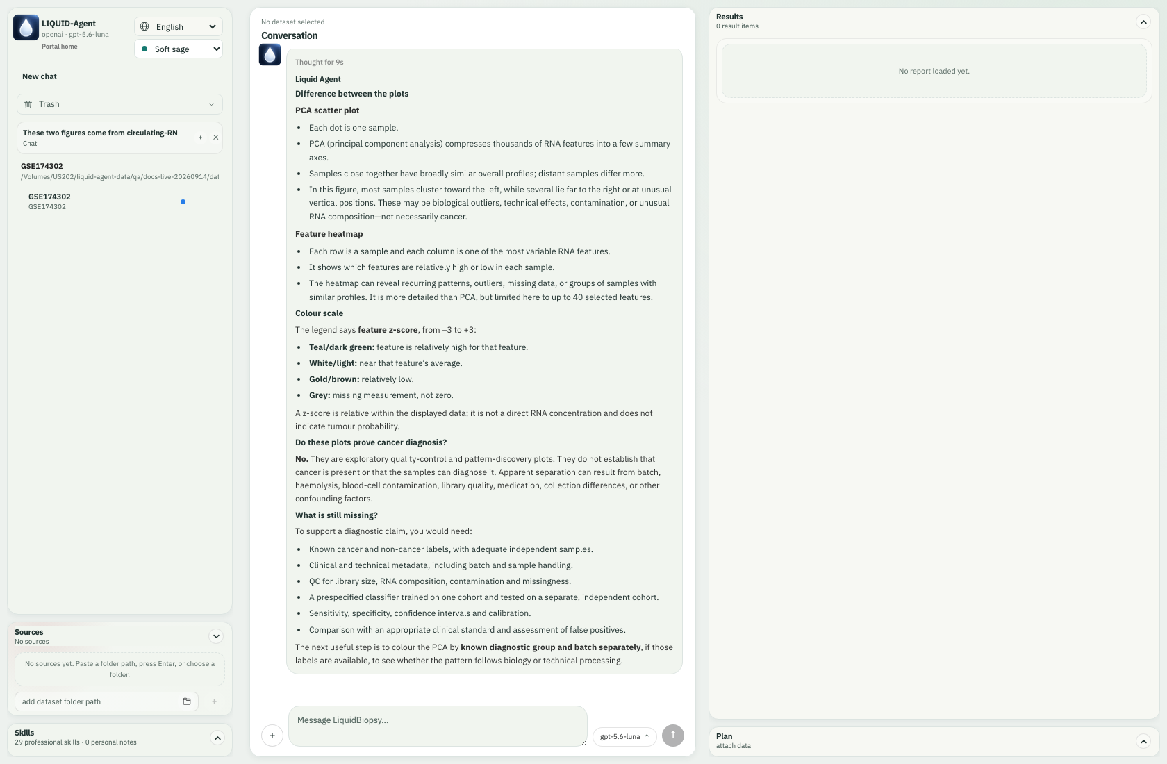 The image-only conversation receives a real multimodal answer; the completed study has an unread blue dot in the sidebar.